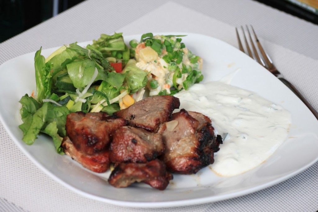 Schaschlik mit Salat und Tzatziki Saftiger Gaumenschmaus vom Grill