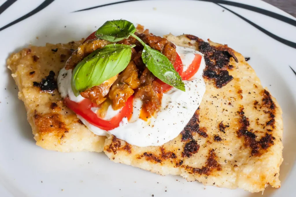 Bild mit Polenta und den Toppings auf einem Teller