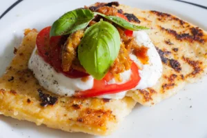 Bild von der fertigen Polenta mit Quark, Tomaten und Basilikum