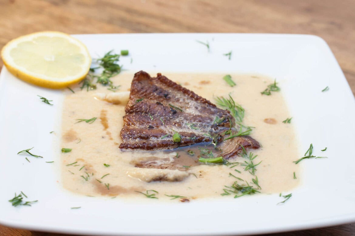 blumenkohlsuppe-wels Blumenkohlsuppe mit Welsfilet ein einem weißen Teller