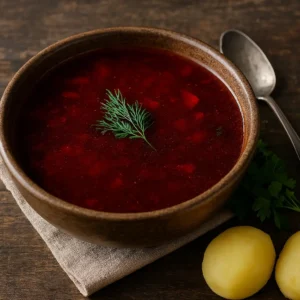 Polnische Rote-Bete-Suppe Barszcz in rustikaler Schale mit frischem Dill
