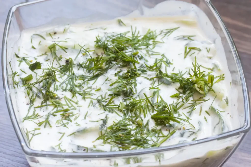 Gurkensalat mit Joghurt-Dressing 12 Ein fertiger Gurkensalat mit Joghurt in einer Glassschale und mit frischem Dill bestreut