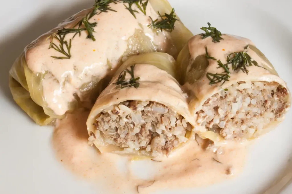 Kohlrouladen – klassisches Rezept wie bei Oma 12 Aufgeschnittene Kohlroulade in Soße auf einem weißen Teller garniert mit etwas Dill