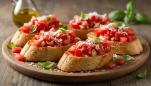 Klassische Bruschetta mit Tomaten – das perfekte Sommerrezept 12 Belegte Bruschetta mit Tomaten und frischen Parmesan auf einem Teller